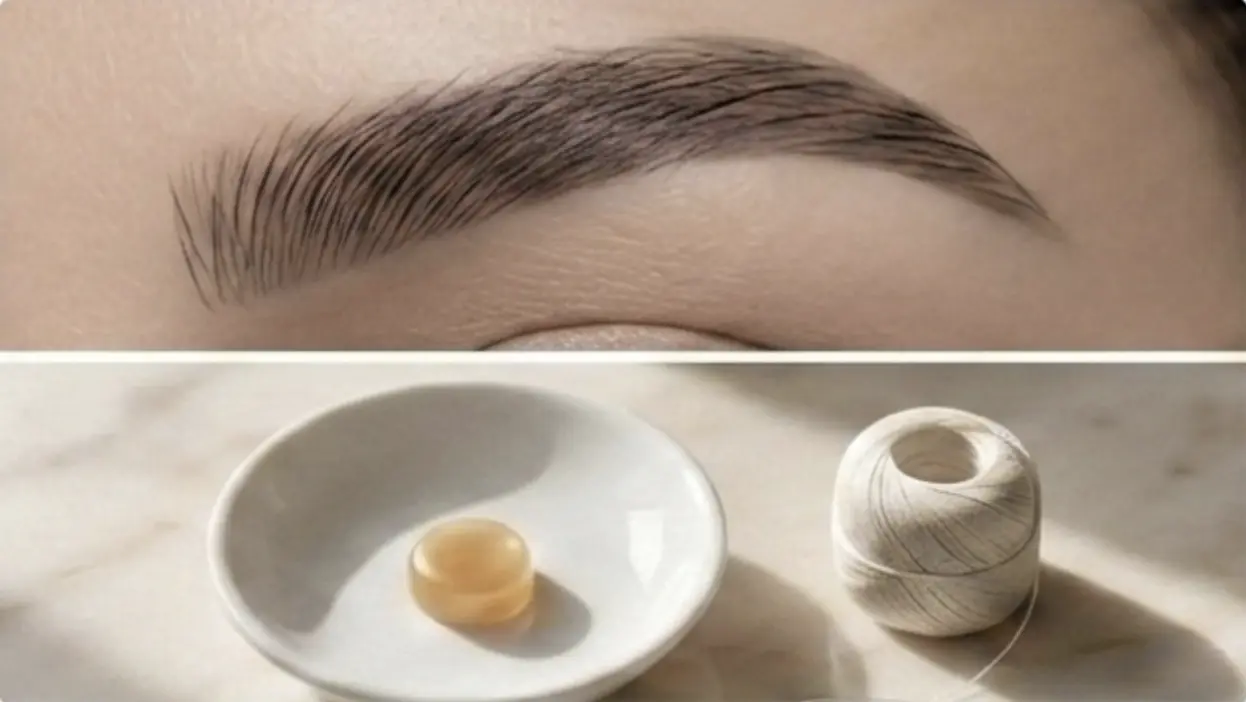 A shaped eyebrow, with threading spool and wax