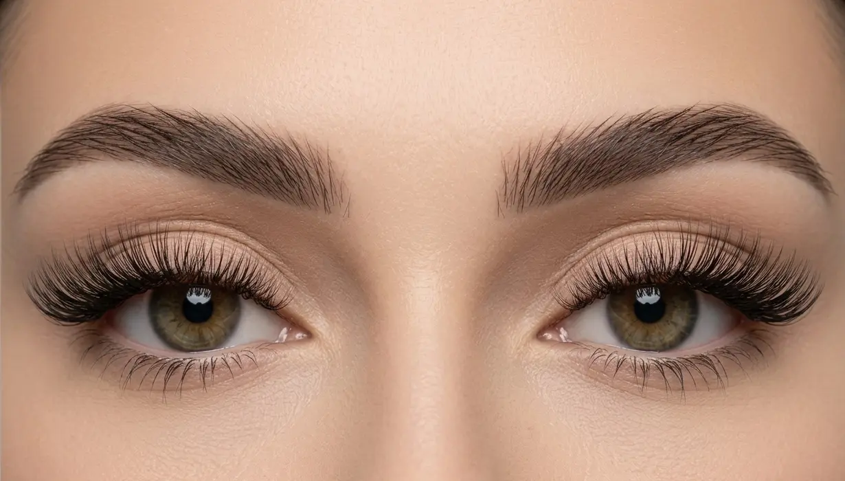Groomed brows and lash extensions, close up
